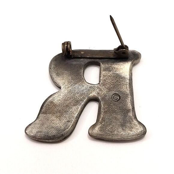 Pin Brooch "R" Metallic Gray With Hearts & Stars #J005 - Picture 3 of 5